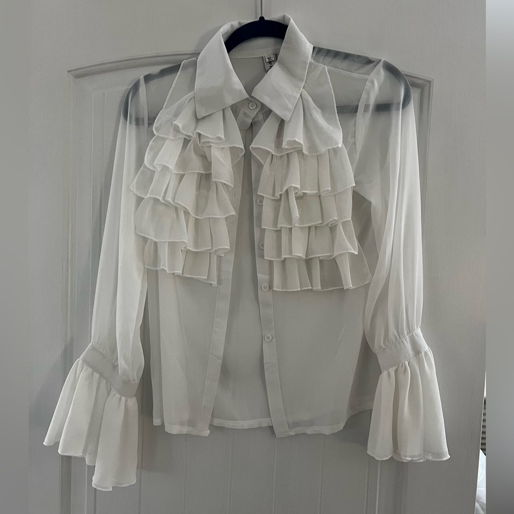 Sheer White Ruffle Button Down
